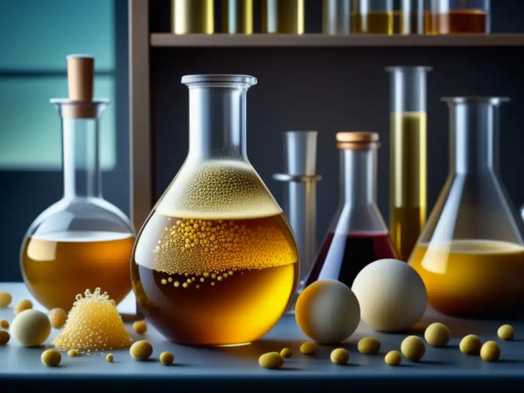 Microbiología: Reutilización de levadura en un frasco de vidrio con líquido dorado rodeado de instrumentos científicos