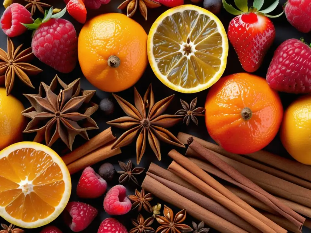 Deliciosa composición de especias y frutas Selección de ingredientes en composición artística de especias y frutas vibrantes