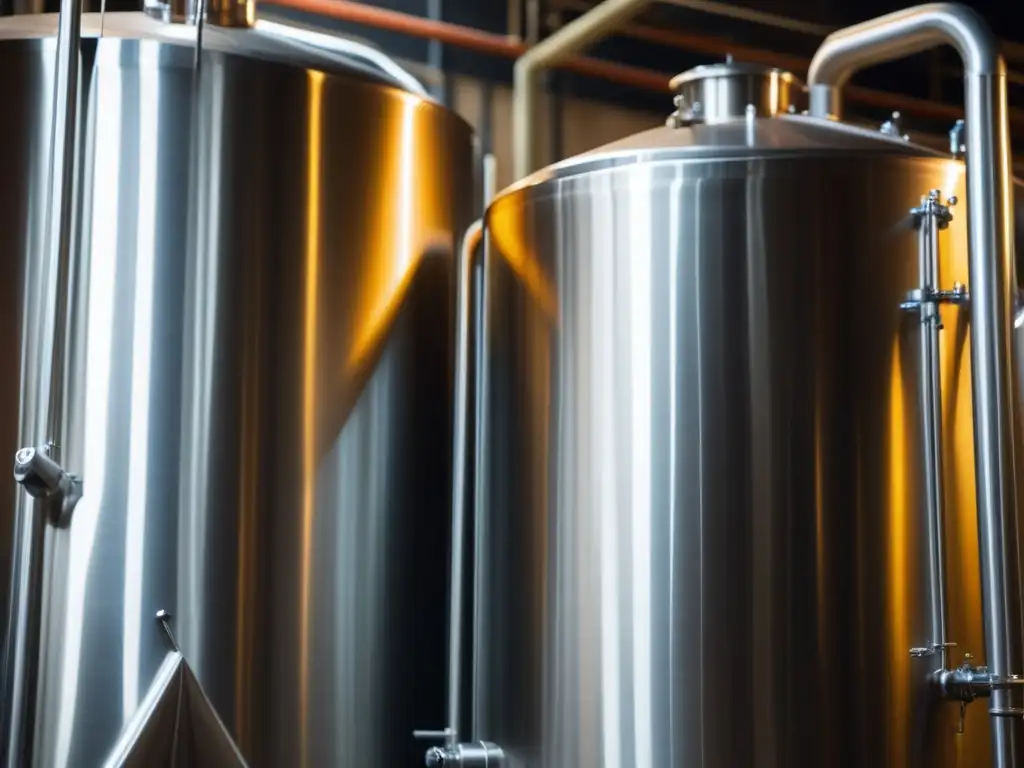 Fermentador cónico de acero inoxidable en una cervecería
