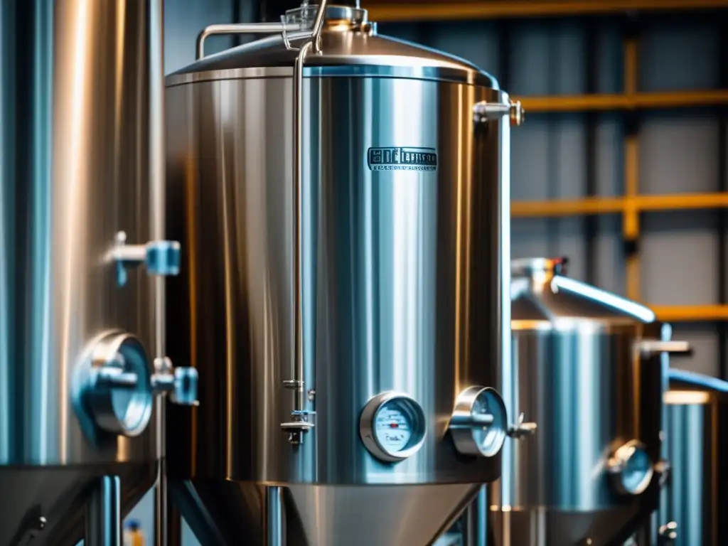 Conical fermentador de acero inoxidable en una cervecería bien iluminada, resaltando su superficie brillante y detalles minuciosos