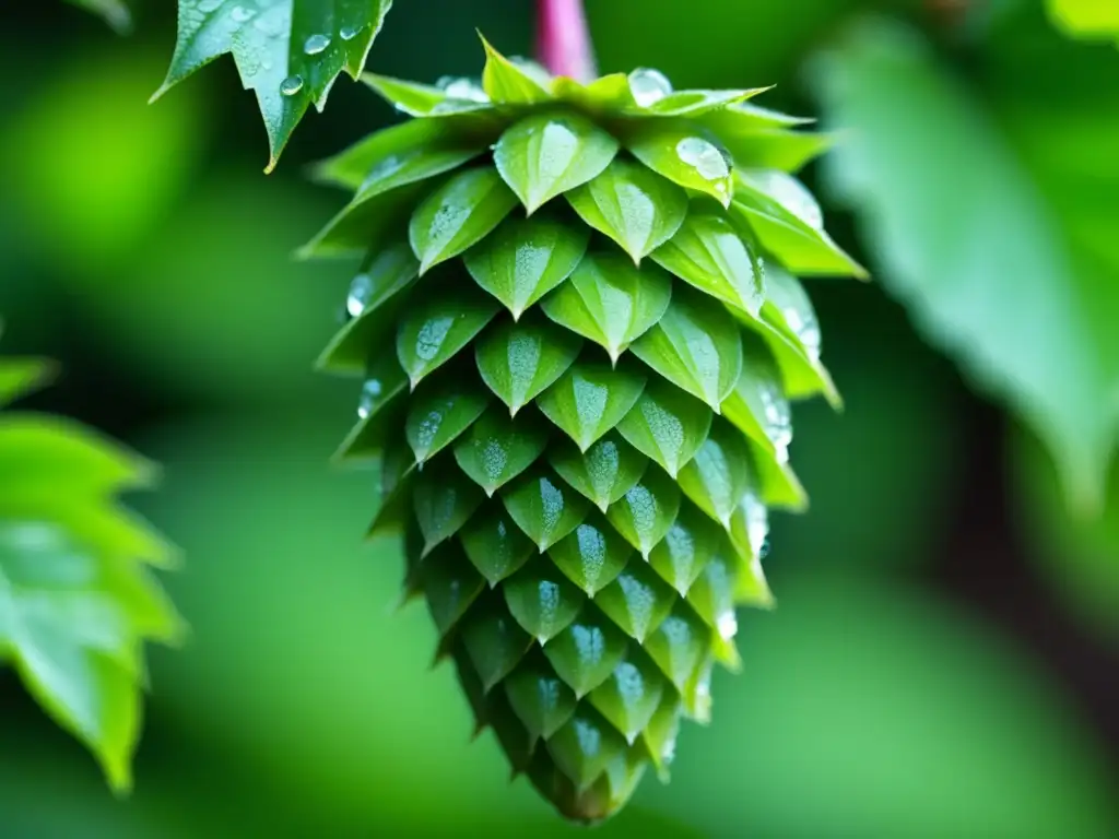 Hop cone verde brillante con gotas de rocío Ruta por Vietnam: Detalles de un cono de lúpulo verde vibrante con gotas de rocío, rodeado de exuberante follaje tropical