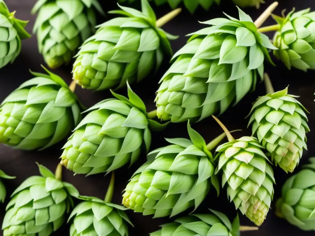 Detalle impresionante de lúpulos verdes Hop cones vibrantes y detallados, seleccionados a mano, con acabado mate que realza sus colores y texturas naturales