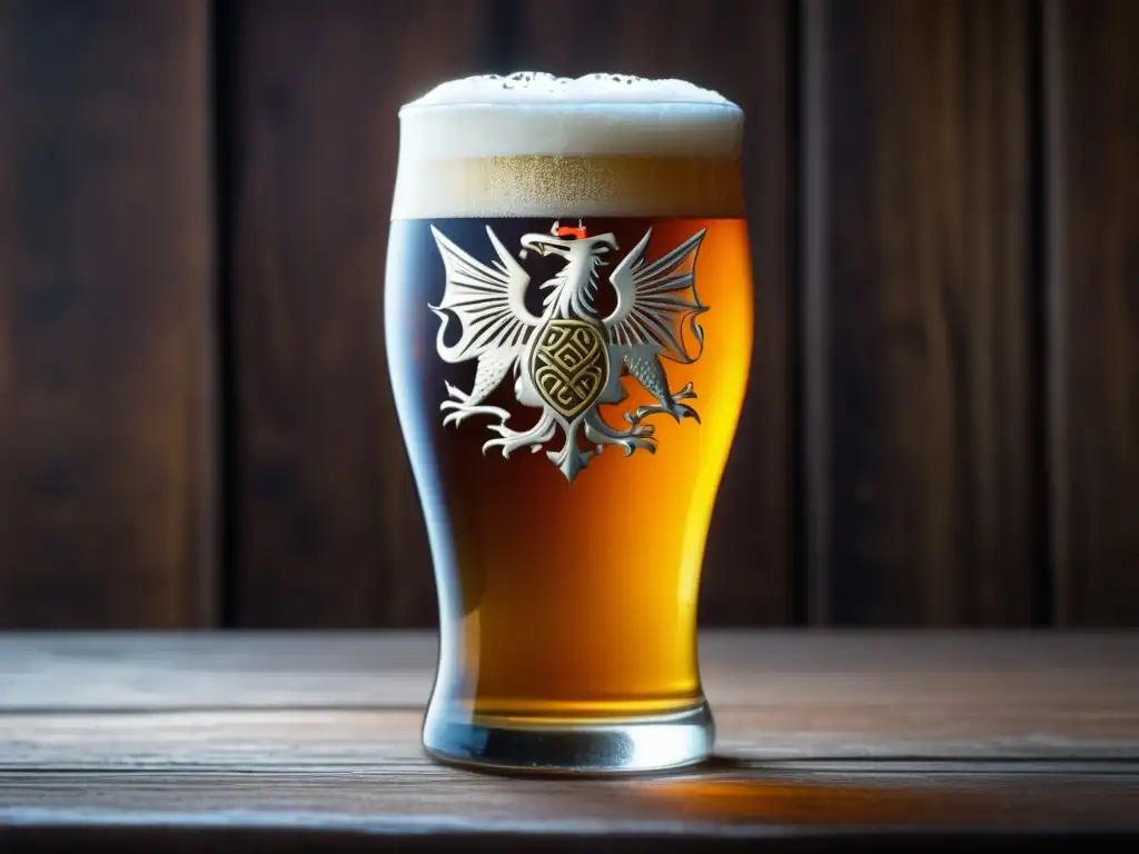 Cerveza galesa ámbar en vaso tradicional Vaso de cerveza tradicional galés lleno de cerveza ámbar, con patrones celtas, en mesa de madera - Viajes a Gales