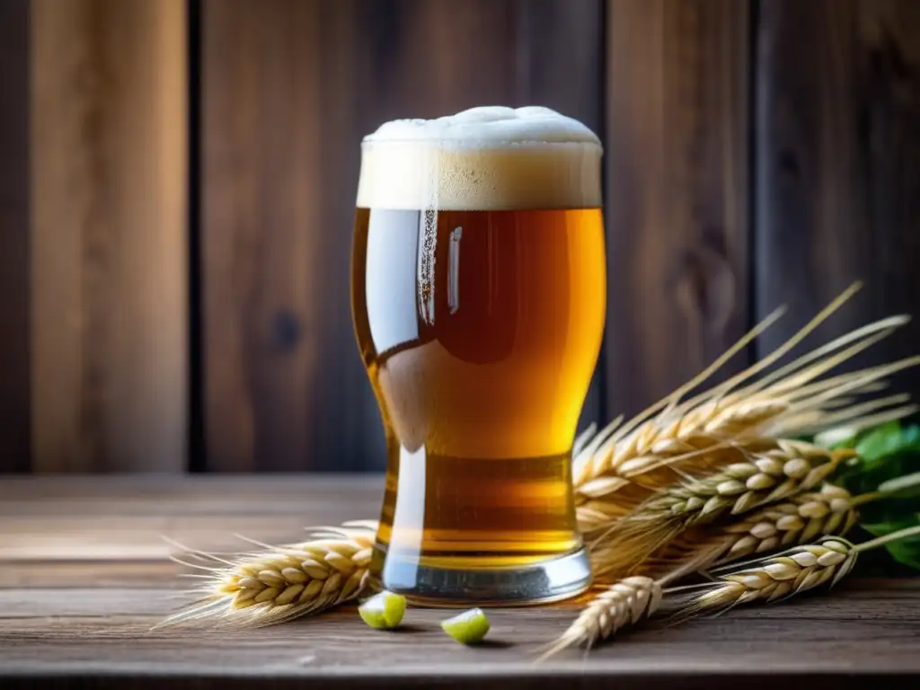 Vaso de cerveza artesanal croata con cerveza dorada Vidrio artesanal croata lleno de cerveza dorada, rodeado de ingredientes de cerveza y con condensación