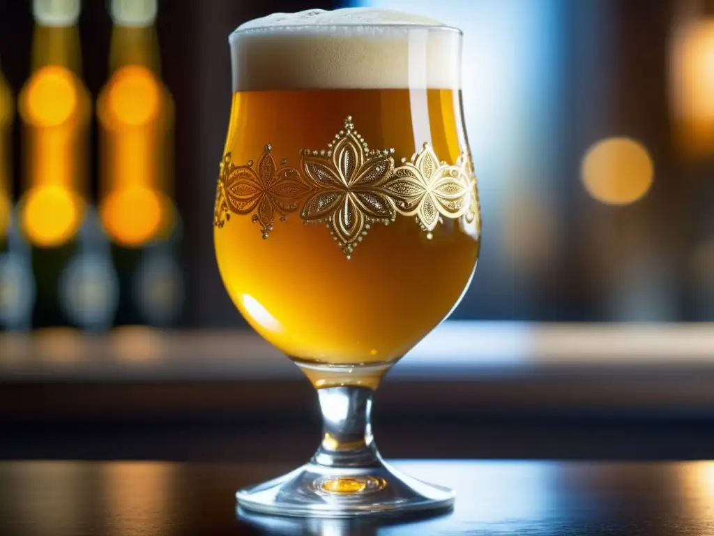 Cerveza artesanal dorada en vaso decorado Una cerveza artesanal dorada en un vaso decorado con patrones, reflejando la cultura cervecera de Viena