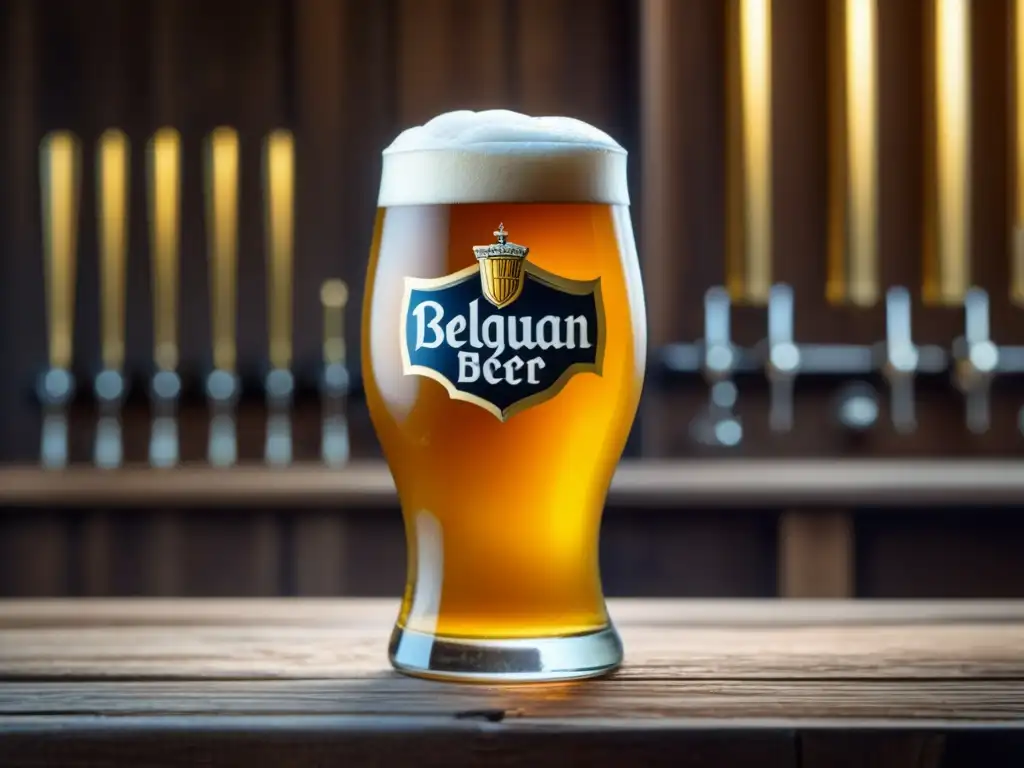 Detalle exquisito de una cerveza belga en copa, reflejando elegancia y sofisticación