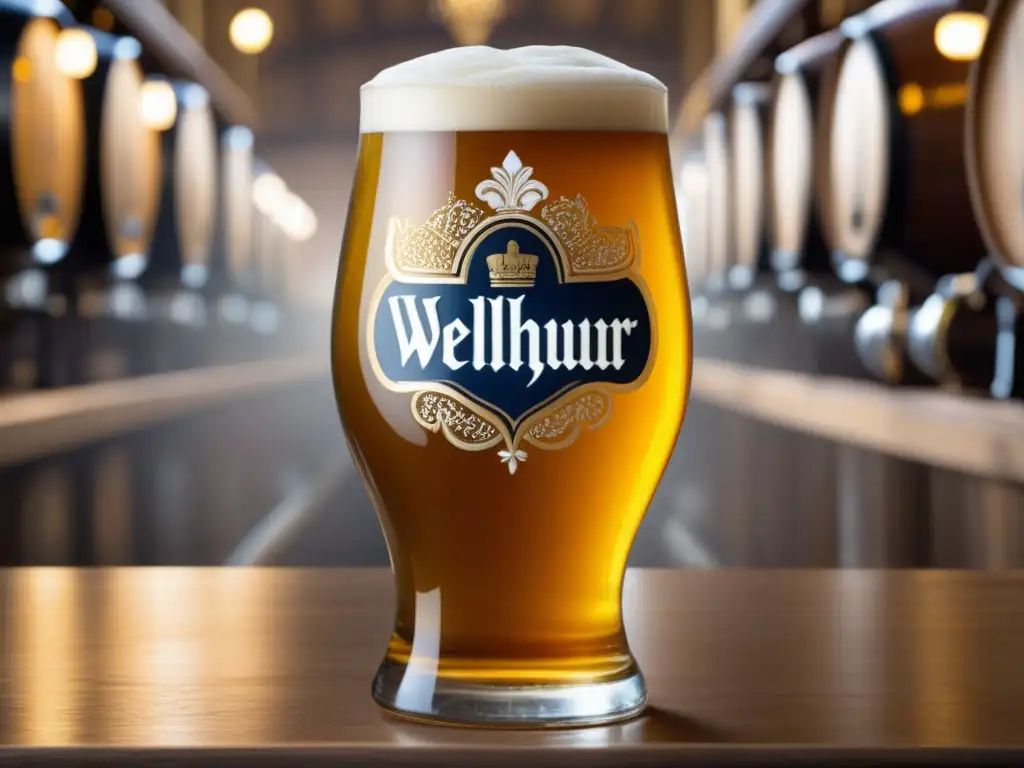 Vaso belga de cerveza artesanal dorada Vaso de cerveza belga artesanal con espuma cremosa - Bares en Brugge