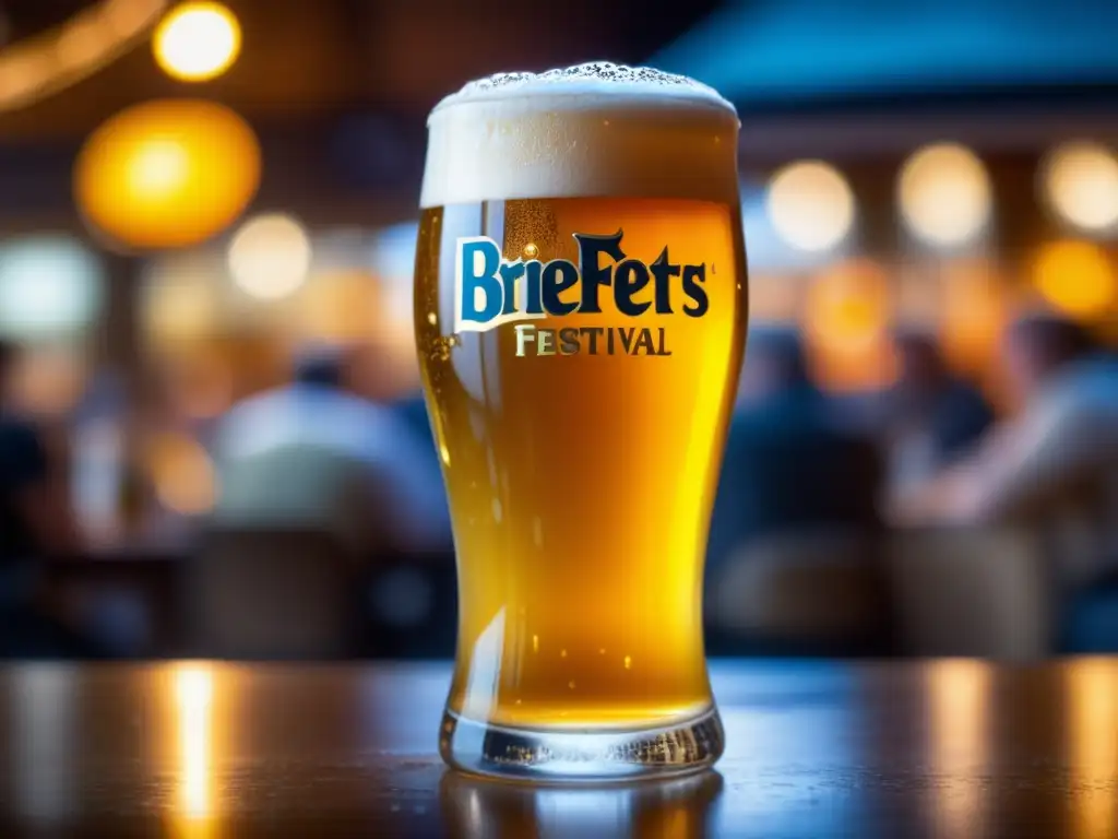 Birra dorada y espumosa en vaso de festival Borefts con multitud celebrando