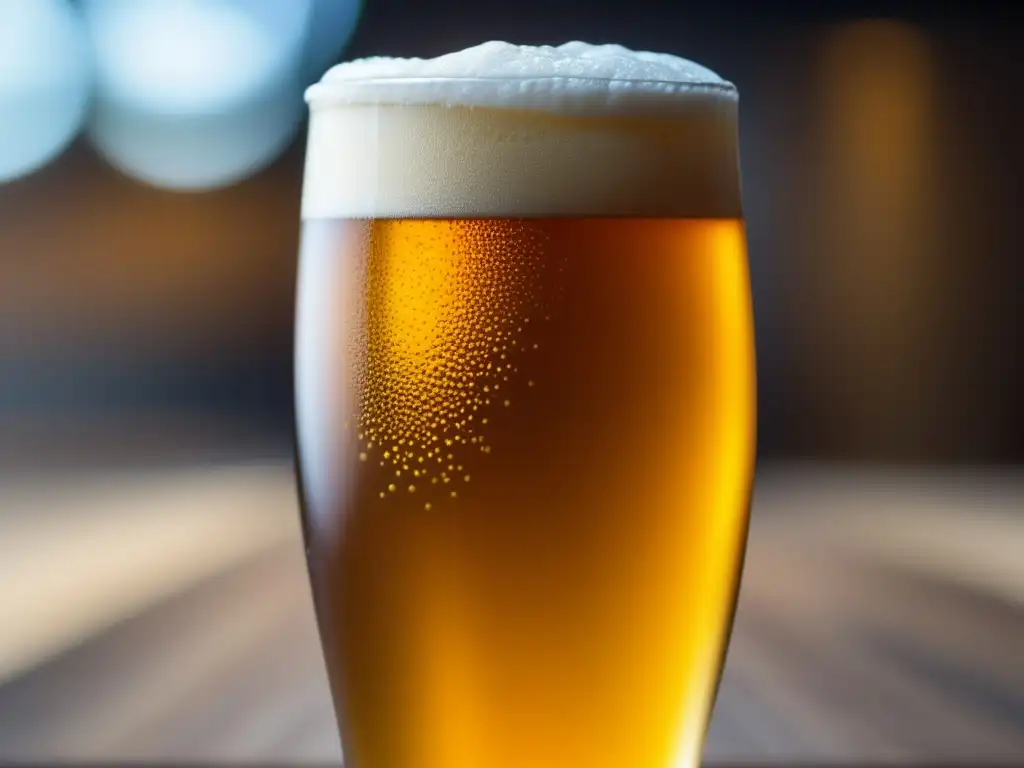 Cerveza Dortmunder dorada y burbujeante en vaso Cerveza Dortmunder, vidrio lleno de oro y burbujeante, sostenido delicadamente, resalta color ámbar y claridad