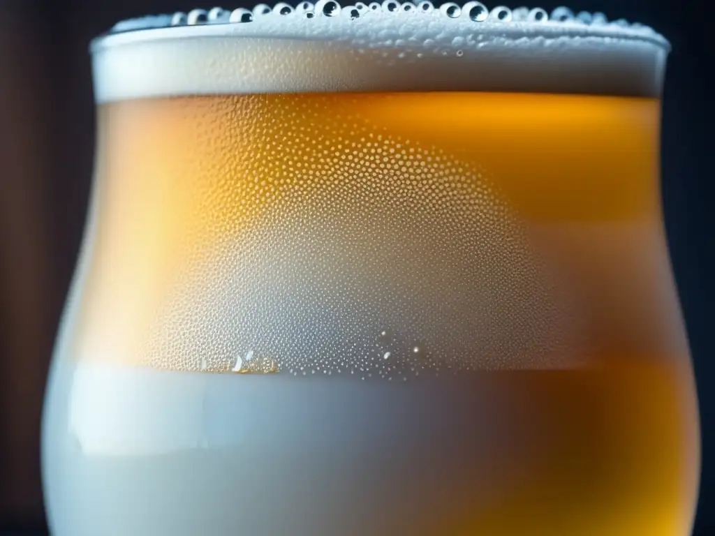 Vaso de cerveza White IPA rebosante de líquido dorado, con burbujas y espuma blanca, adornado con gotas de condensación