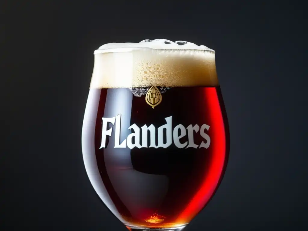 Cerveza Flanders Red Ale roja vibrante en vaso Cerveza Flanders Red Ale, intensamente roja y clara, con espuma blanca y burbujas, en vaso sobre fondo oscuro