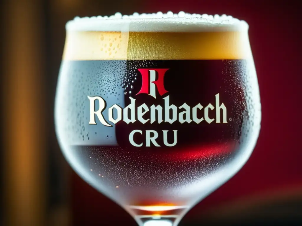 Cerveza Rodenbach Grand Cru: Frescura y efervescencia Copa de Rodenbach Grand Cru, cerveza Flanders Red Ale, con color rubí intenso y burbujas carbonatadas