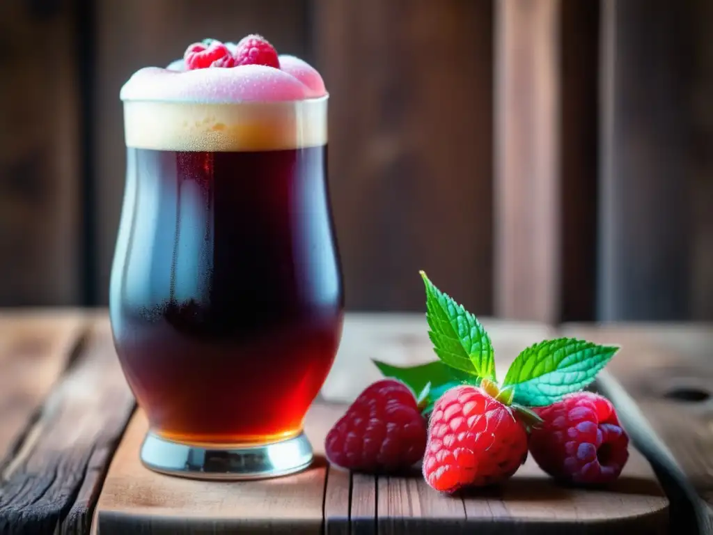 Una cerveza Rubaeus Fruit Ale adornada con frutas, en una mesa rústica