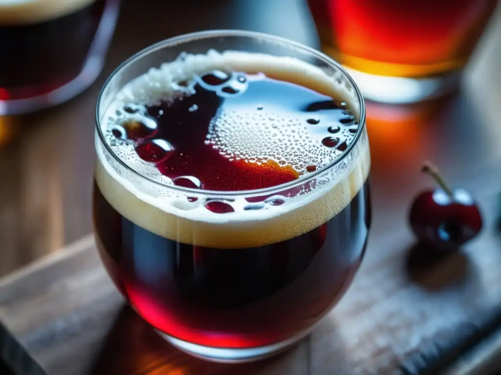 Cerveza roja brillante con espuma blanca Cerveza American Wild Ale con espuma blanca y cerezas jugosas