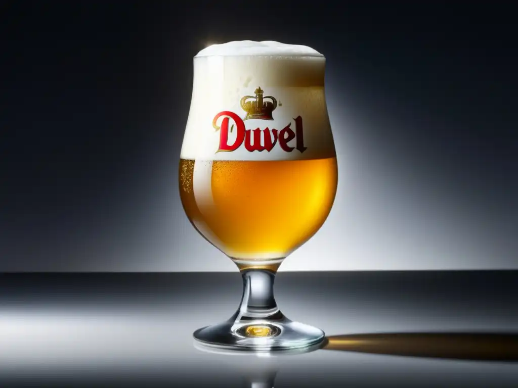 Cerveza Duvel en vaso de cristal Vaso de cerveza Duvel belga, dorada y espumosa, con burbujas y logo grabado