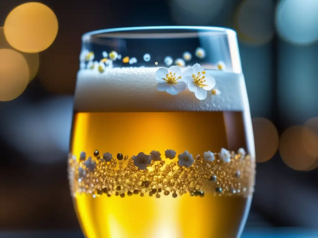 Copa japonesa de cerveza con flores de cerezo Vaso japonés con cerveza dorada y burbujas, adornado con flores de cerezo - Japón