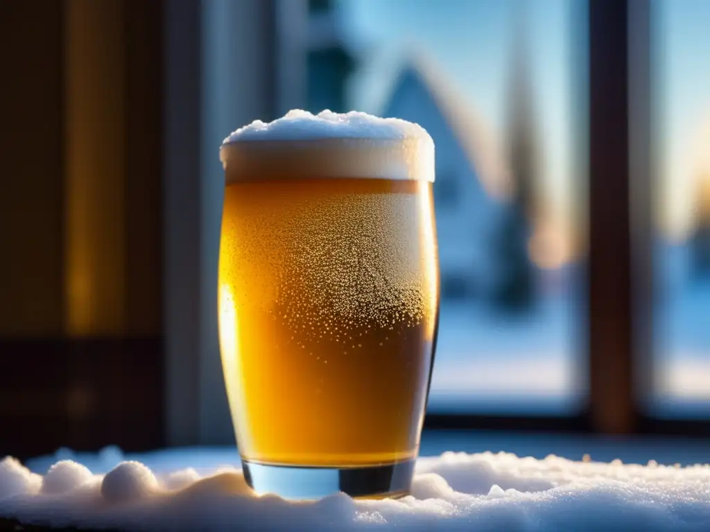 Cerveza Snow Beer: Vaso frío con condensación, burbujas doradas y detalles texturizados