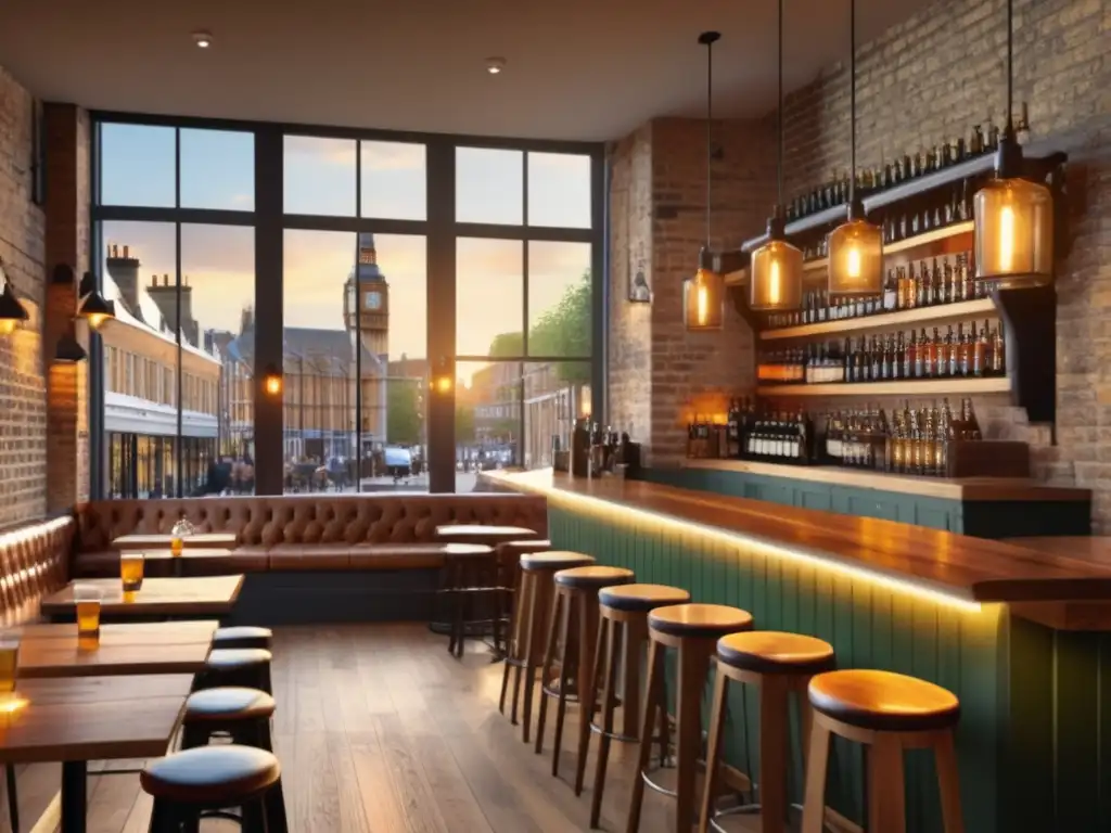 Atmosfera vibrante de un bar de cerveza artesanal en Londres Bares en Londres: ambiente vibrante de un bar de cervezas artesanales en Londres, con luz dorada y decoración rústica