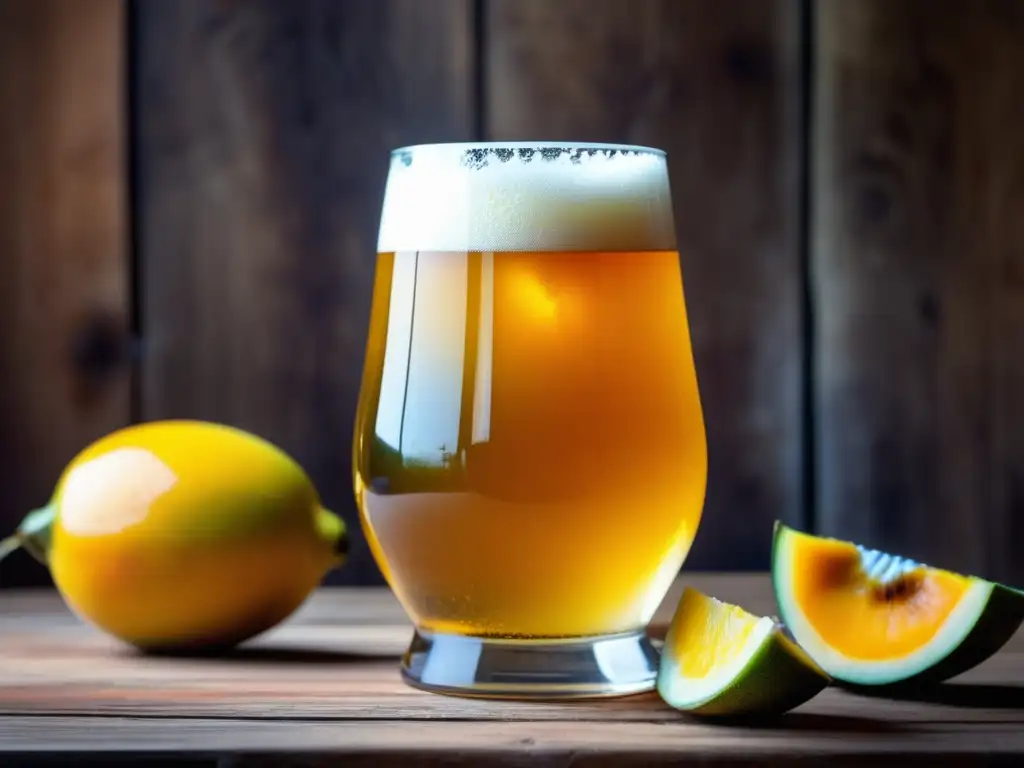 Cerveza artesanal frutal con mango y piña Tendencias Sabor: Cerveza artesanal dorada con espuma blanca y frutas tropicales frescas en una mesa de madera rústica