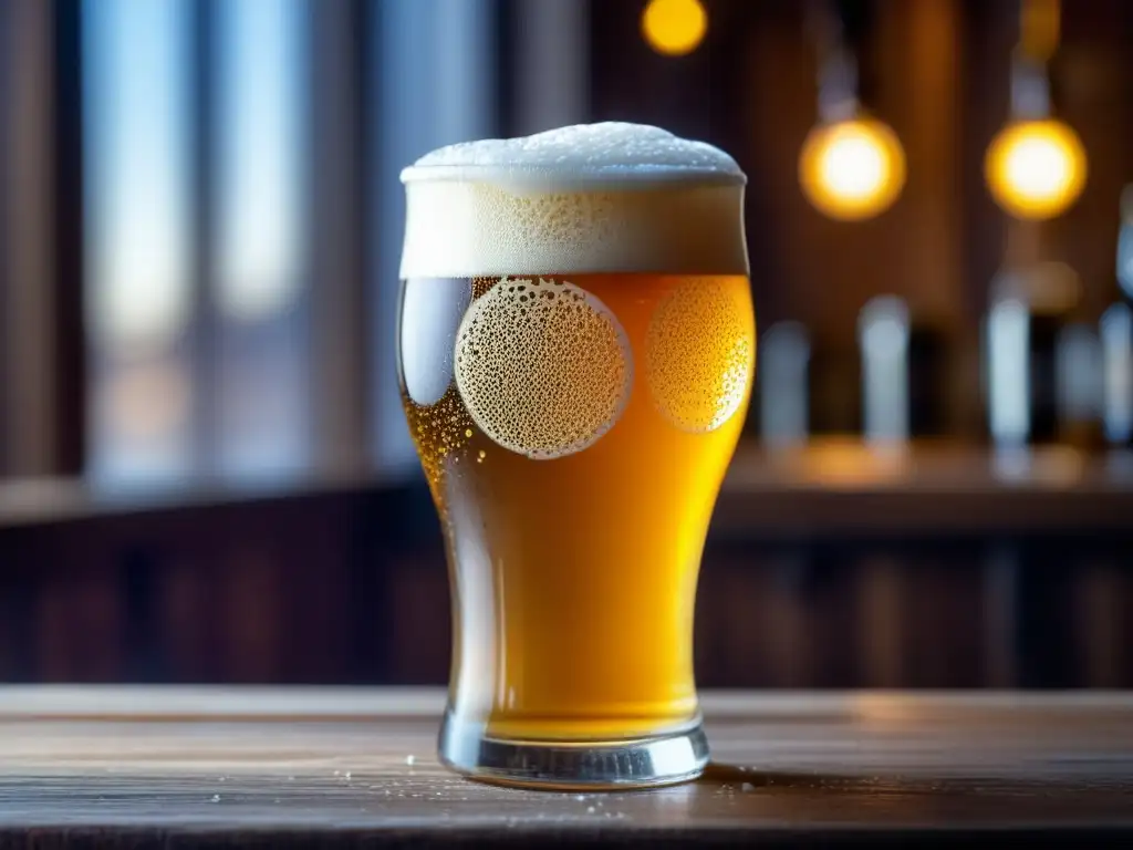 Cerveza artesanal dorada en vaso de pintura Cerveza artesanal dorada y espumosa en un vaso, sobre mesa de madera rústica