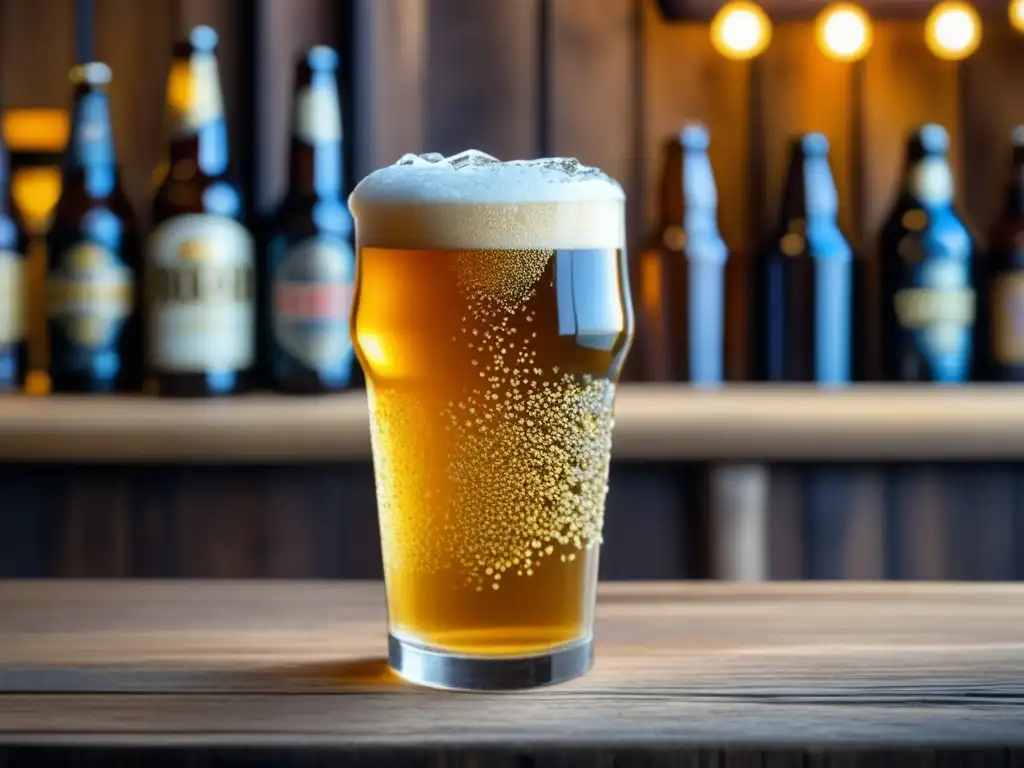 Pintura detallada del vaso de cerveza artesanal llena de espuma dorada Pintura detallada de un vaso de cerveza artesanal dorada y espumosa en una barra de madera rústica