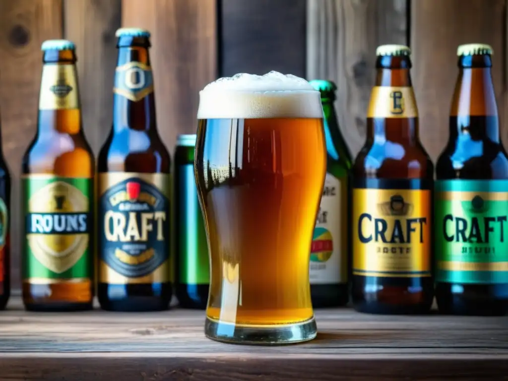 Cerveza artesanal y botellas coloridas Detallada imagen de una cerveza artesanal rodeada de botellas y latas coloridas