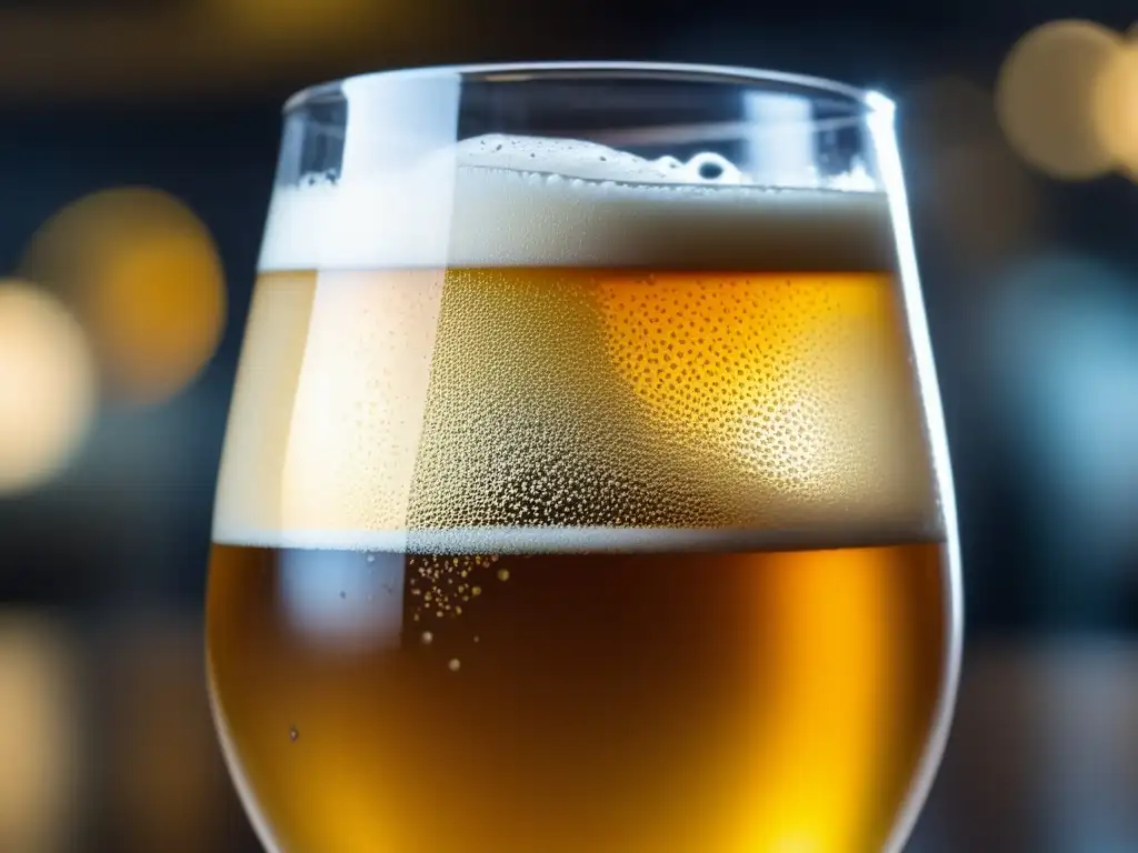 Cerveza artesanal dorada con burbujas Cerveza artesanal en Singapur: Ruta por Singapur, cerveza dorada con burbujas y condensación en vaso