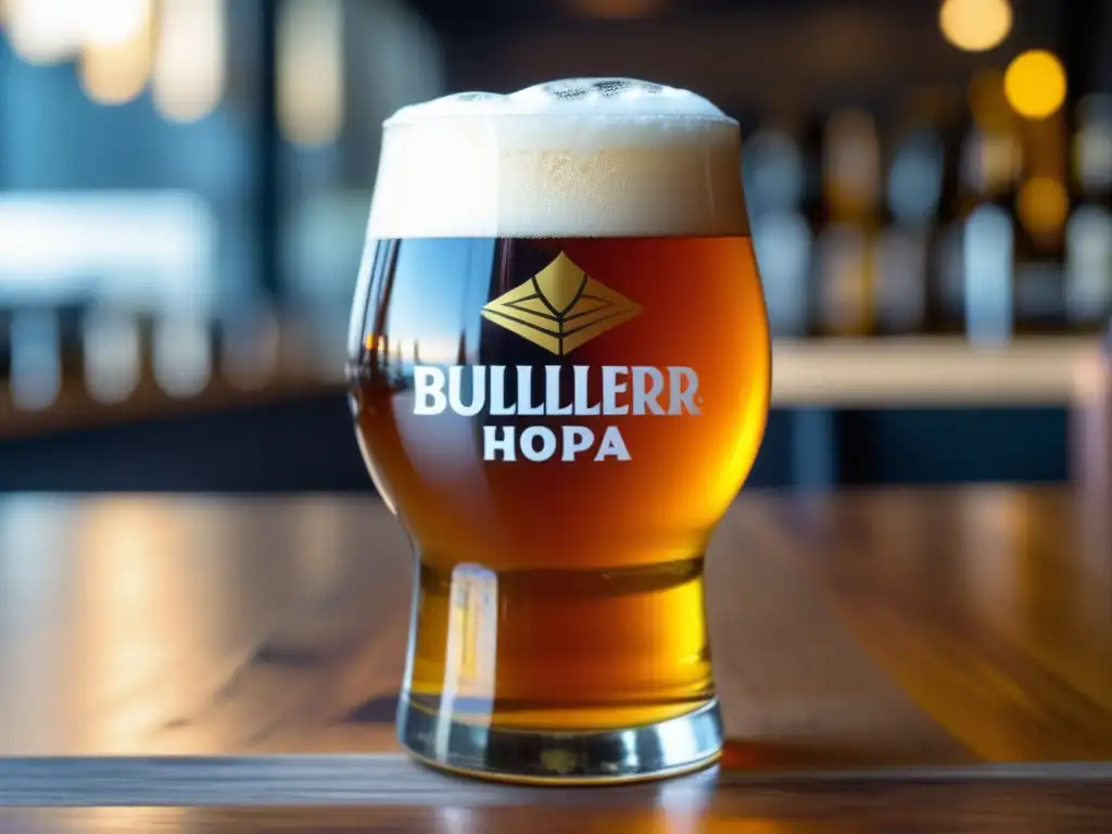 Cristal de Buller Hophead IPA Cerveza Imperial IPA Buller: cristal, líquido dorado, espuma blanca, manos, lúpulo, madera