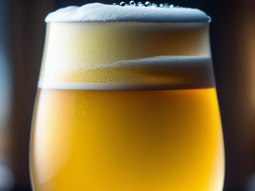 Cerveza Gose dorada con burbujas y condensación en vaso, resaltando su elegancia y textura