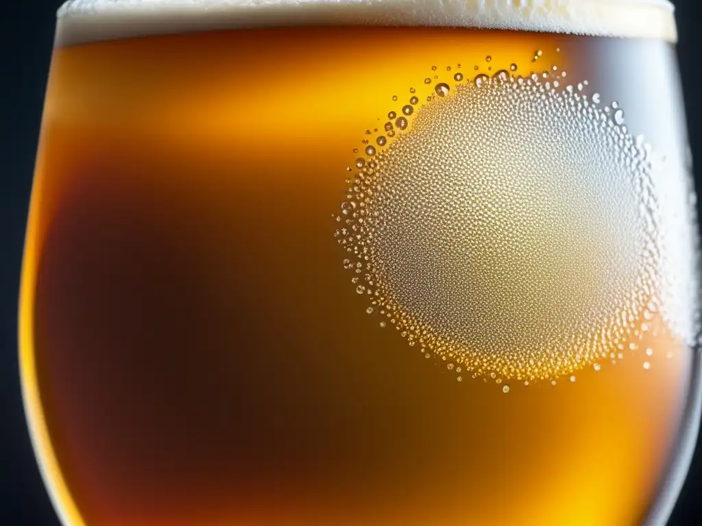 Cerveza Mastra Golden IPA en vaso de cristal Detallada imagen de una cerveza Mastra Golden IPA, color ámbar intenso con espuma abundante y burbujas ascendentes