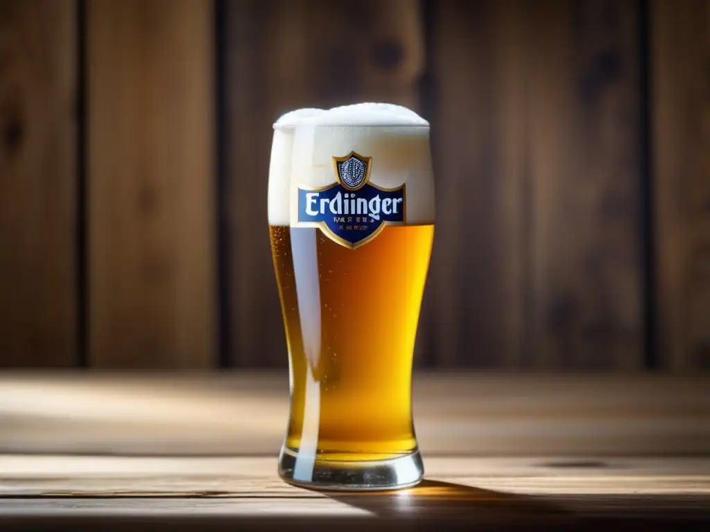 Cerveza de trigo Erdinger Weissbier en vidrio Imagen de cerveza de trigo filtrada Erdinger Weissbier Kristallklar con burbujas y detalles en vaso - Krystal Weizen