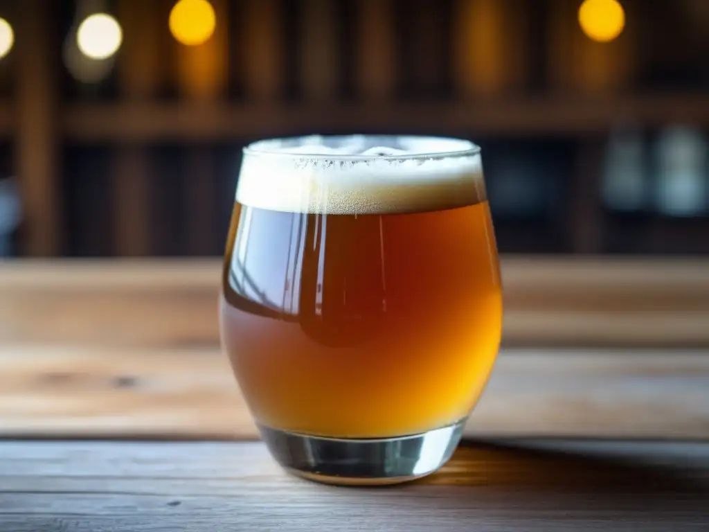 Cerveza mexicana artesanal en vaso Cerveza artesanal mexicana Cru Cru Sour Ale en mesa de madera -