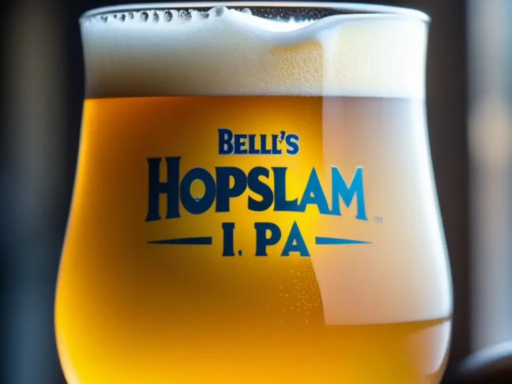 Copa Hopslam, cerveza Imperial IPA dorada de Bell's Brewery, con condensación y burbujas, colores y aroma