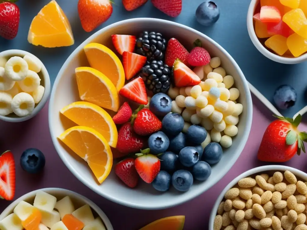 Una deliciosa y colorida mezcla de cereales, caramelos y frutas frescas en un tazón