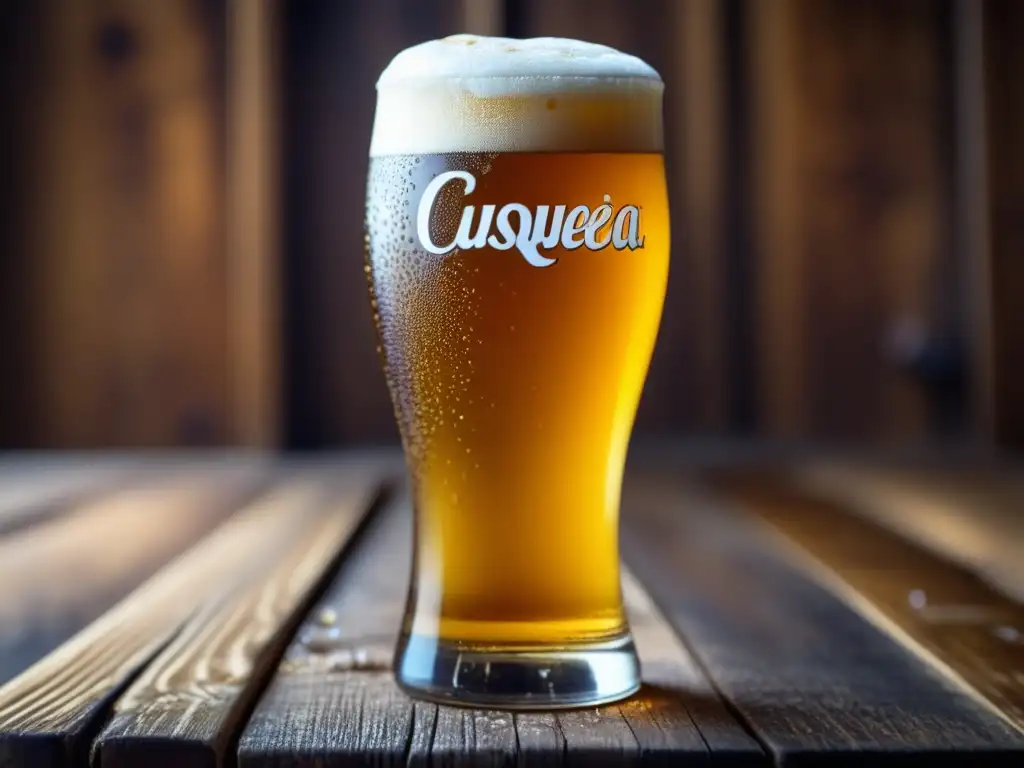 Cerveza Cusqueña: color dorado, espuma abundante, en mesa de madera rústica