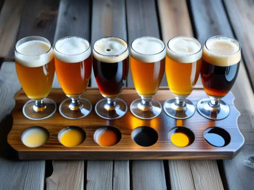 Degustación de cervezas artesanales: variedad de estilos y colores, detalle en la espuma y condensación