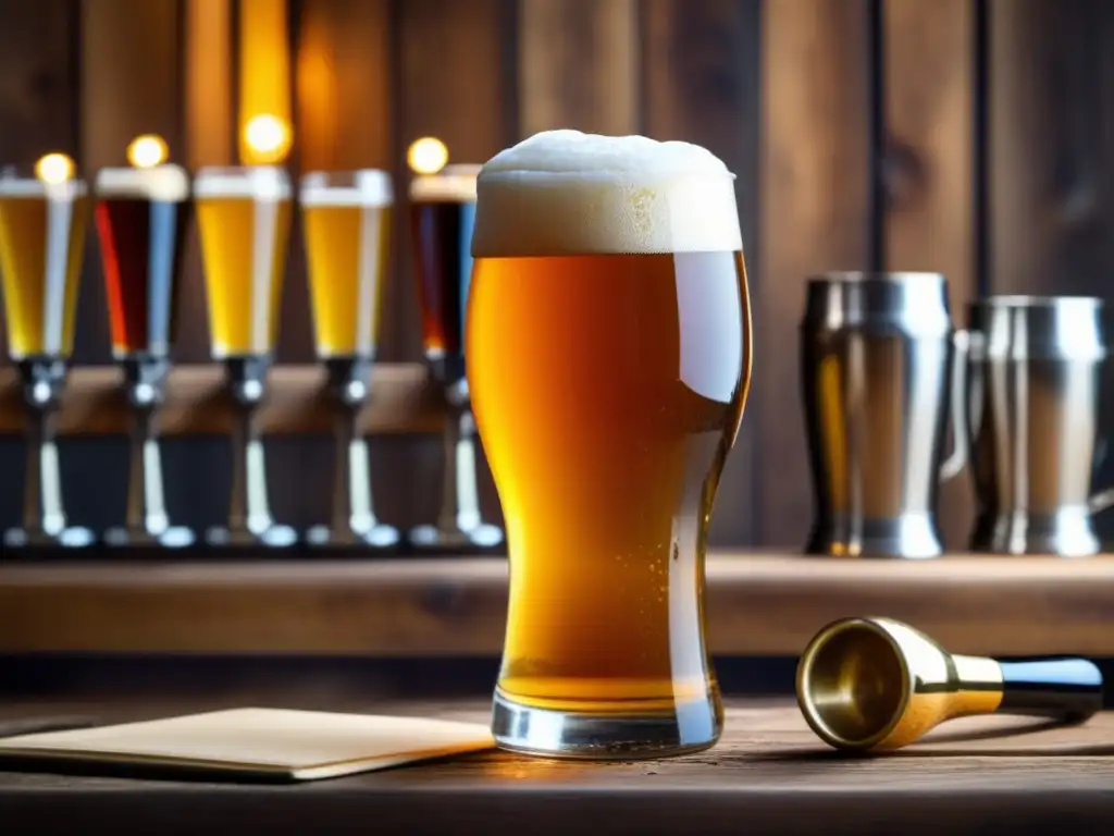 Detalle de cerveza artesanal con burbujas, en mesa de madera rústica con herramientas de degustación - Eventos de degustación