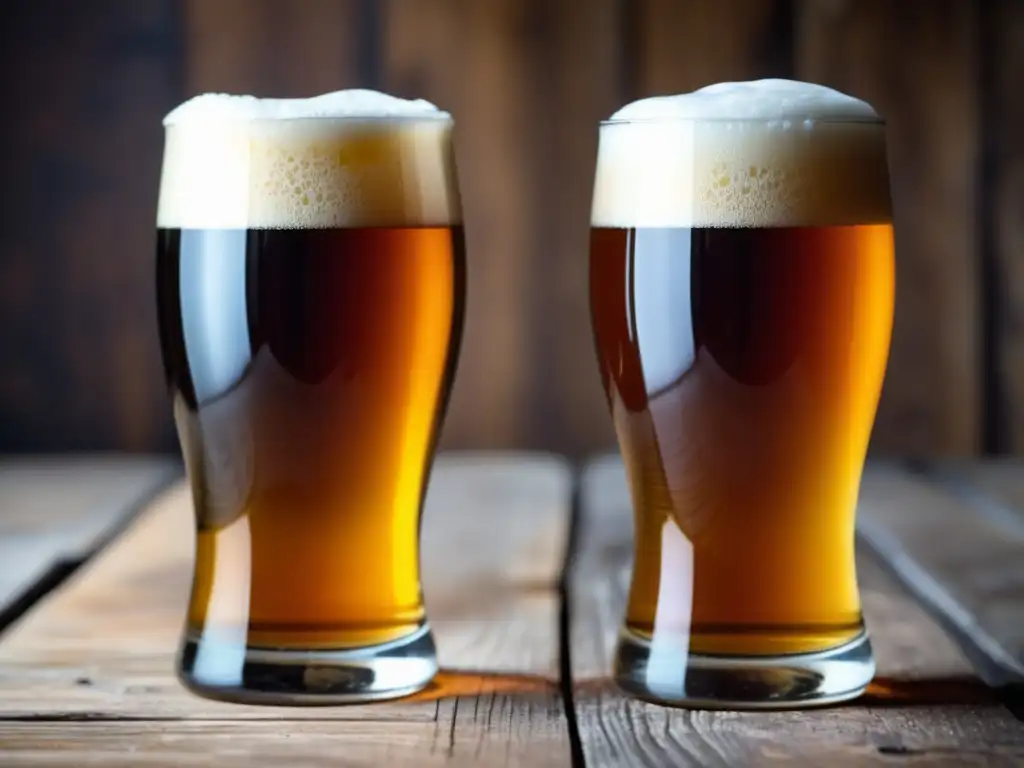 Tipos de cerveza: Ale y Lager en copas sobre mesa de madera rústica