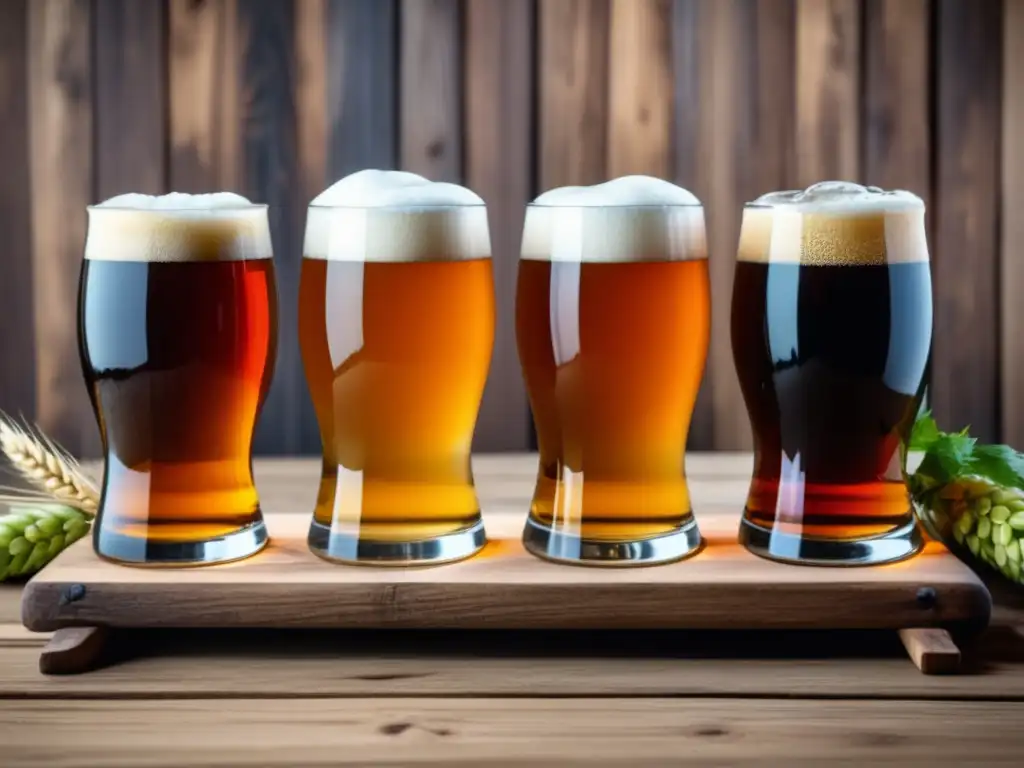Exquisita degustación de cerveza Degustaciones temáticas: Beer flight de IPA, Stout y Witbier en tablero rústico con lúpulo y cebada