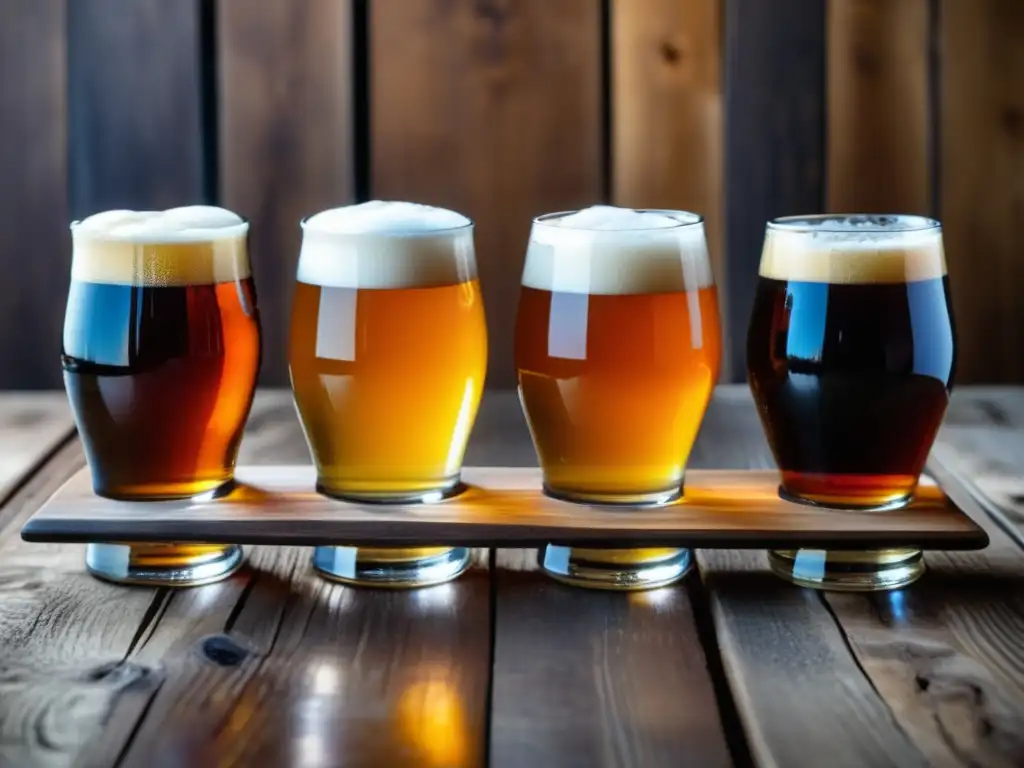 Degustación de cervezas artesanales en mesa rústica Imagen detallada de una tabla rústica con una selección de cervezas artesanales en vasos de cata, evitando la fatiga del paladar