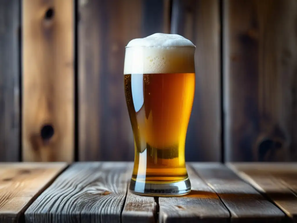 Cerveza dorada en copa tulipa sobre mesa de madera, ideal para eventos de degustación