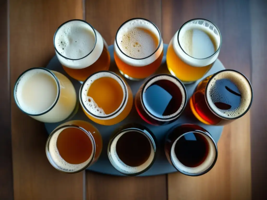 Detallado vuelo de cervezas artesanales Degustación de cervezas artesanales con variedad de colores, texturas y espuma