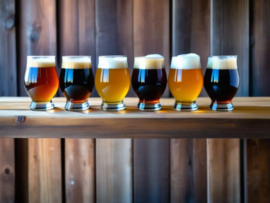 Variedad de cervezas artesanales en mesa rústica Degustaciones temáticas: variedad de cervezas artesanales en mesa rústica, colores, logos y ambiente acogedor