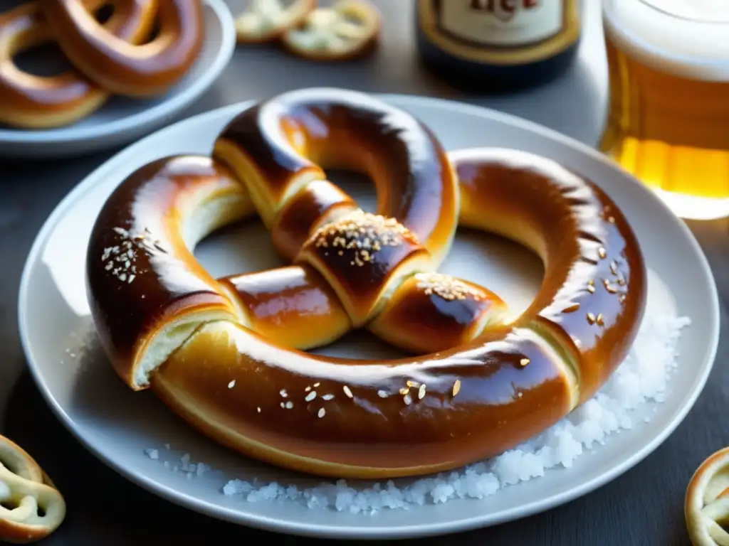 Pretzel y cerveza Helles: Tradición y armonía Deliciosa imagen de pretzel y cerveza Helles, resaltando la tradición alemana y la armonía de sabores