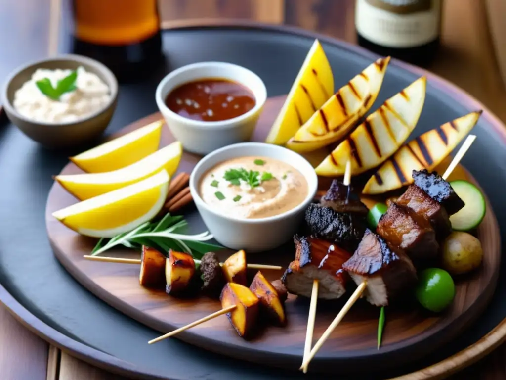 Delicias australianas y cervezas artesanales en plato de madera - Ruta por Australia