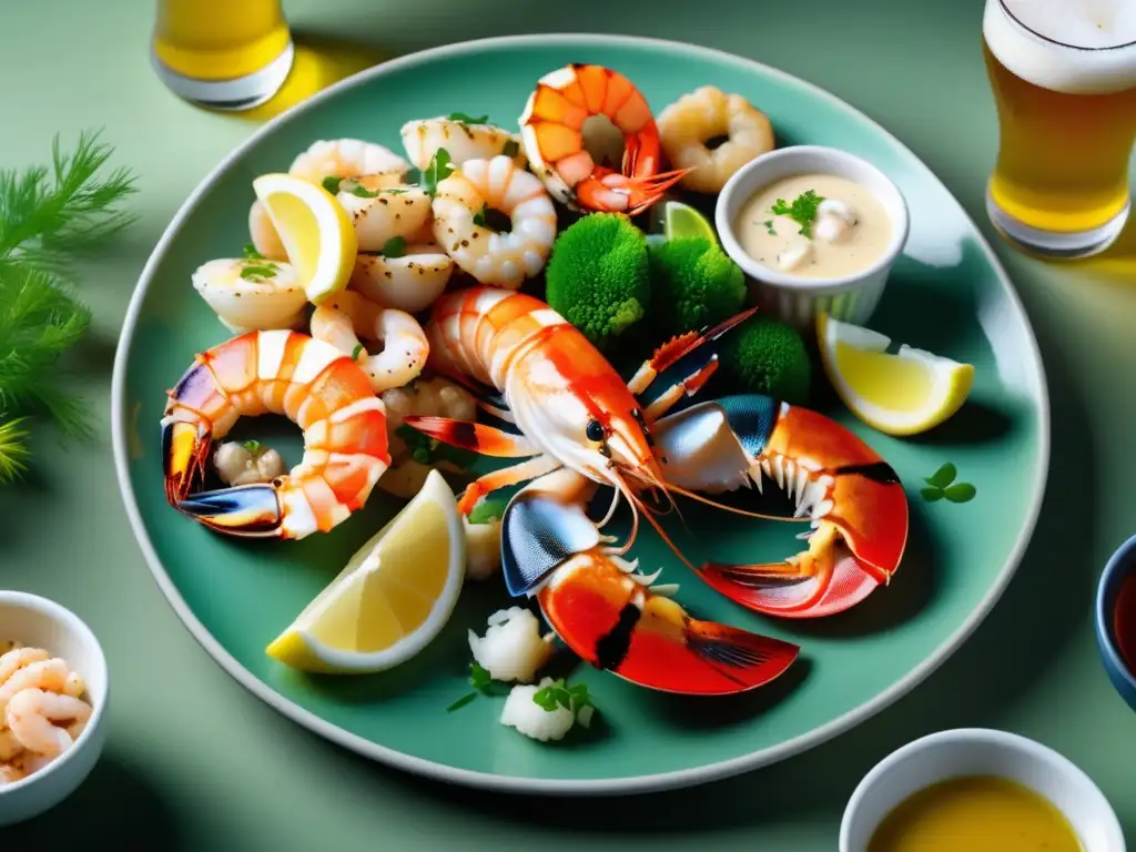 Delicioso plato de mariscos con cerveza Un festín de mariscos y cerveza de trigo: prawns, scallops, calamari, lobster tail, lechuga, limón y cerveza dorada