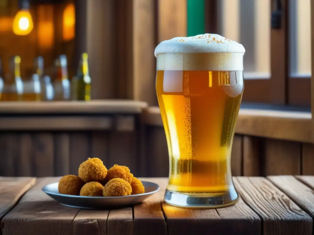 Cerveza dorada y comida vibrante en Tel Aviv Ruta por Israel: Deliciosa cerveza dorada en mesa de madera con manjares locales vibrantes y detallados