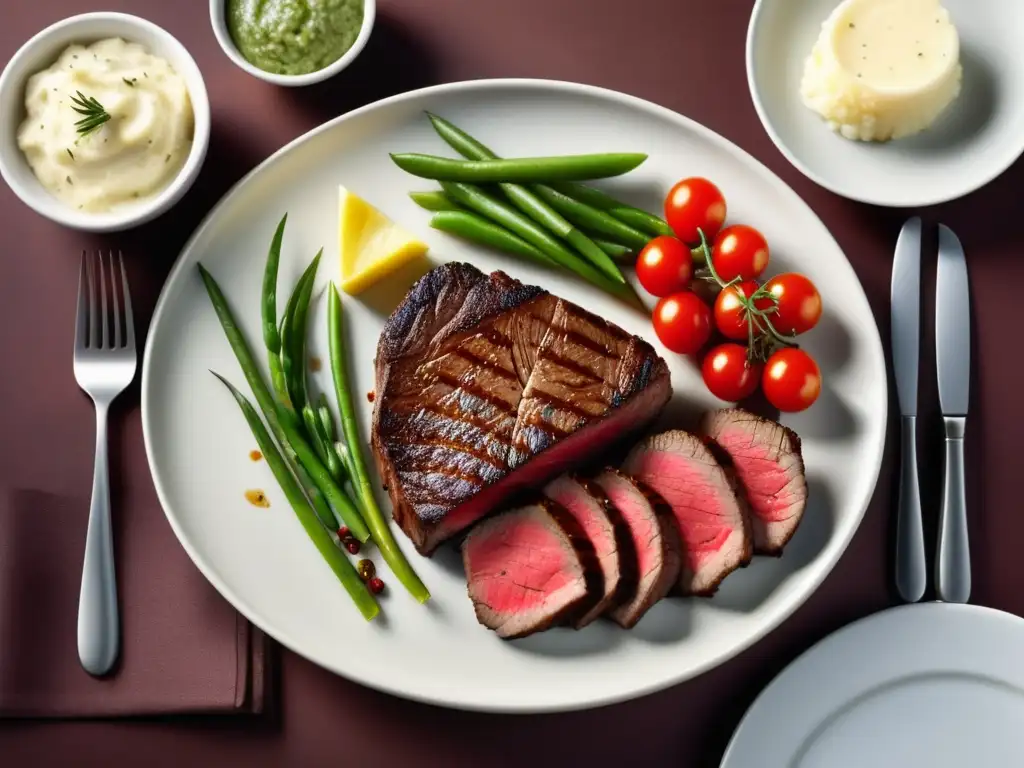 Deliciosa comida gourmet: steak jugoso con guarniciones clásicas Deliciosa imagen de gastronomía y cerveza con un suculento filete medio-raro como protagonista, acompañado de exquisitos platos clásicos