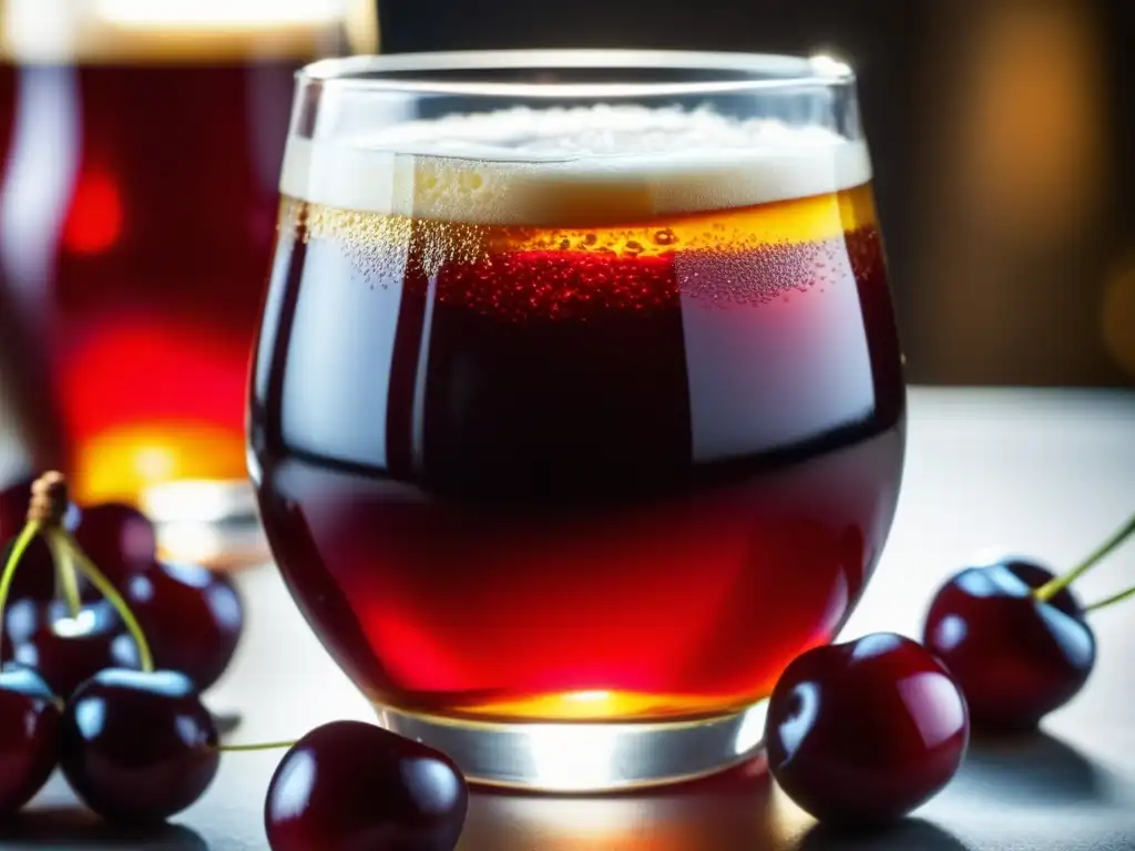 Tentador contraste: cerveza dorada y cerezas rojas Cerveza ácida estilo American Wild Ale con cerezas