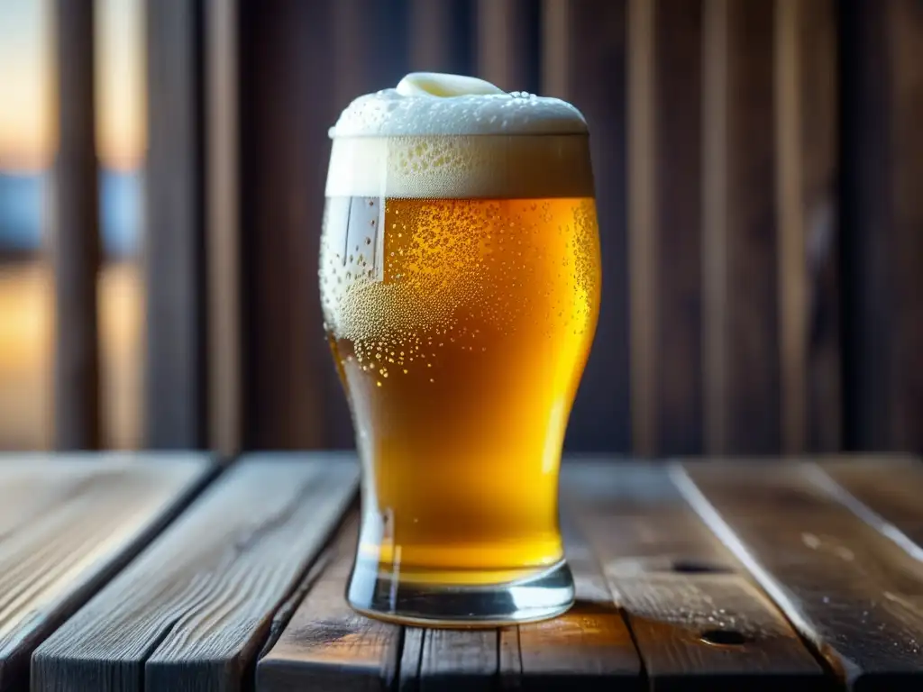 Cerveza artesanal dorada en vaso con espuma cremosa y burbujas, evocando la cultura cervecera de Suecia